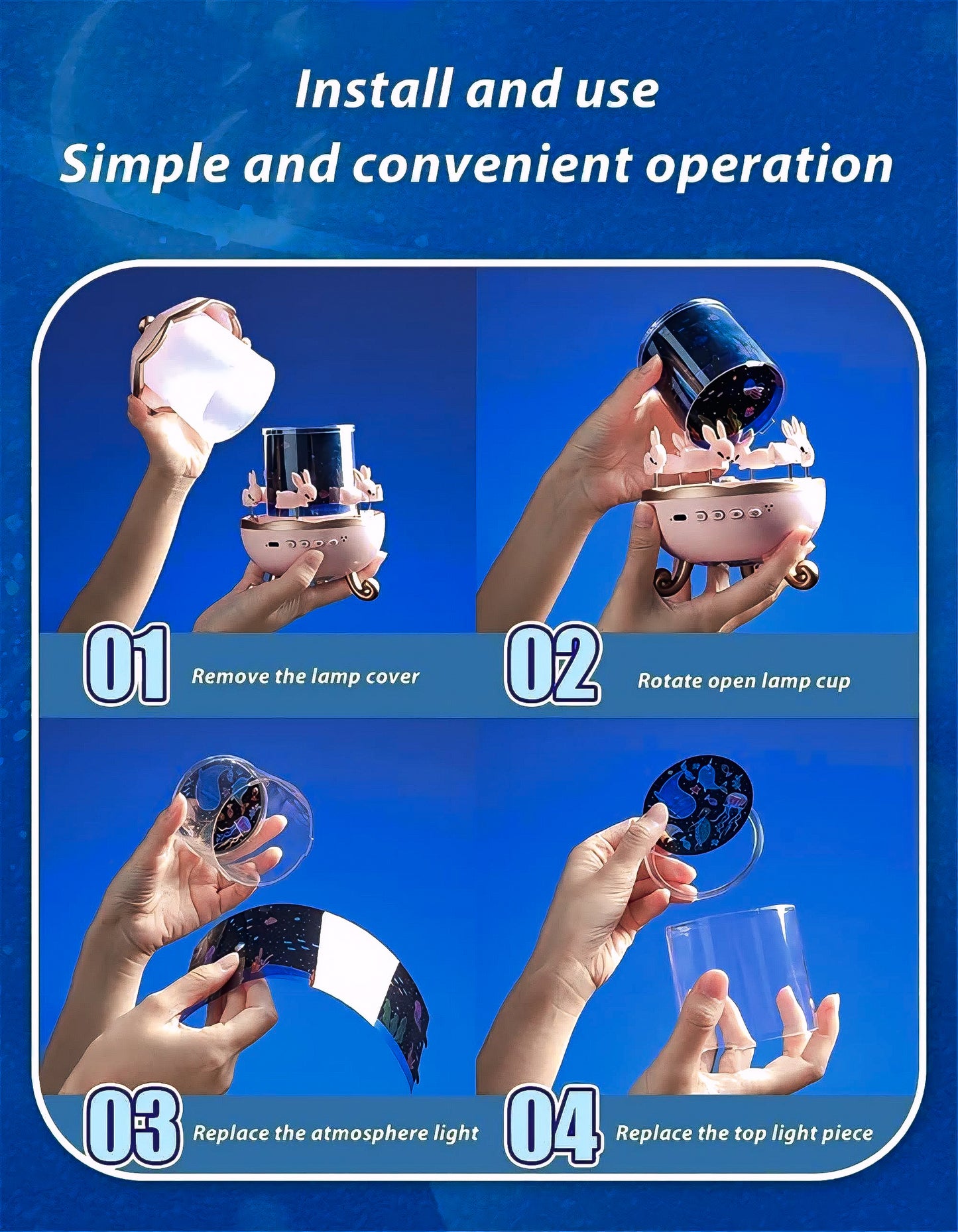 Instructions for installing and using a lamp with step-by-step images on a blue background.