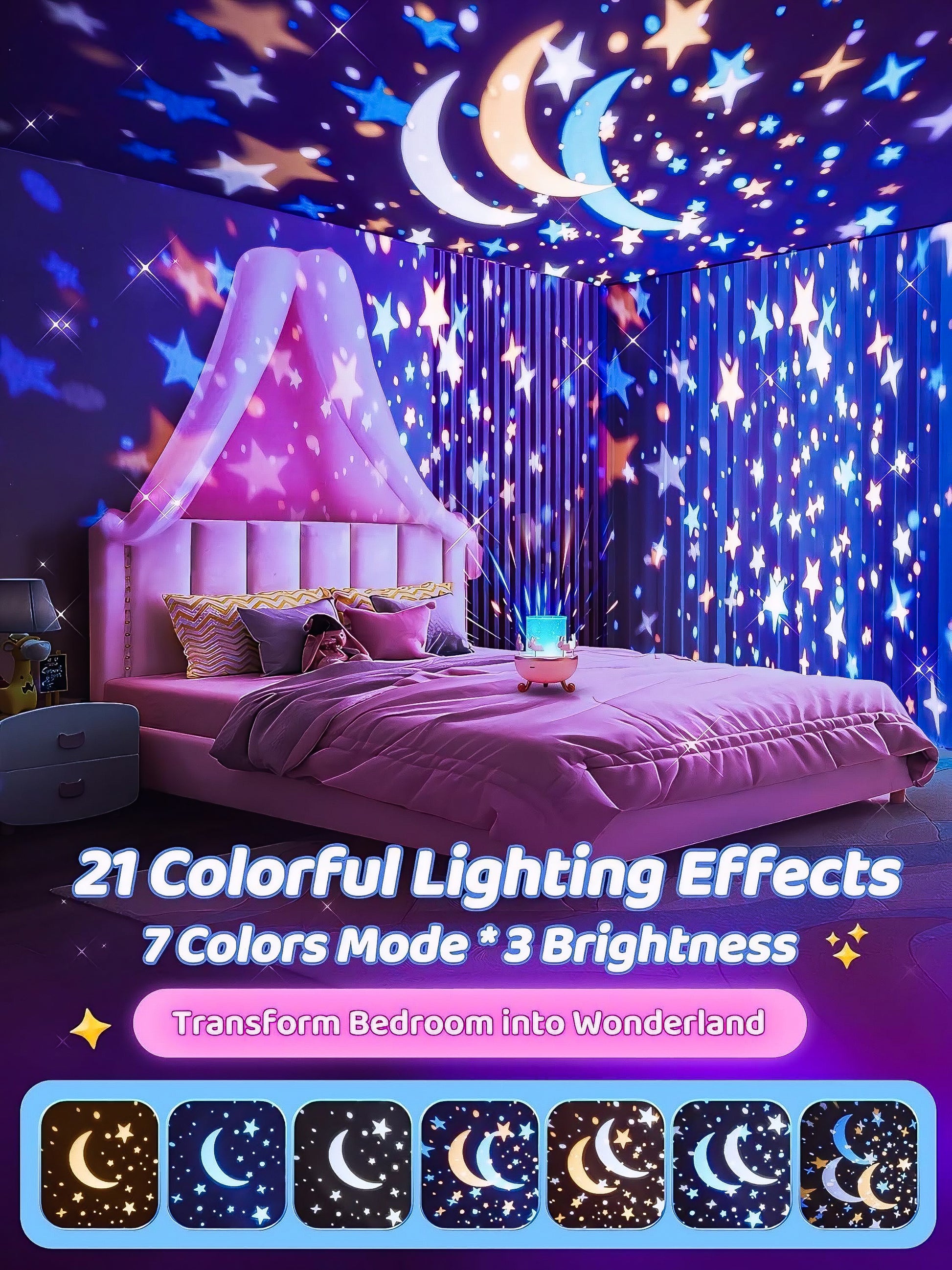 Bedroom with star and moon ceiling lights, colorful bedding, and night light on a table.