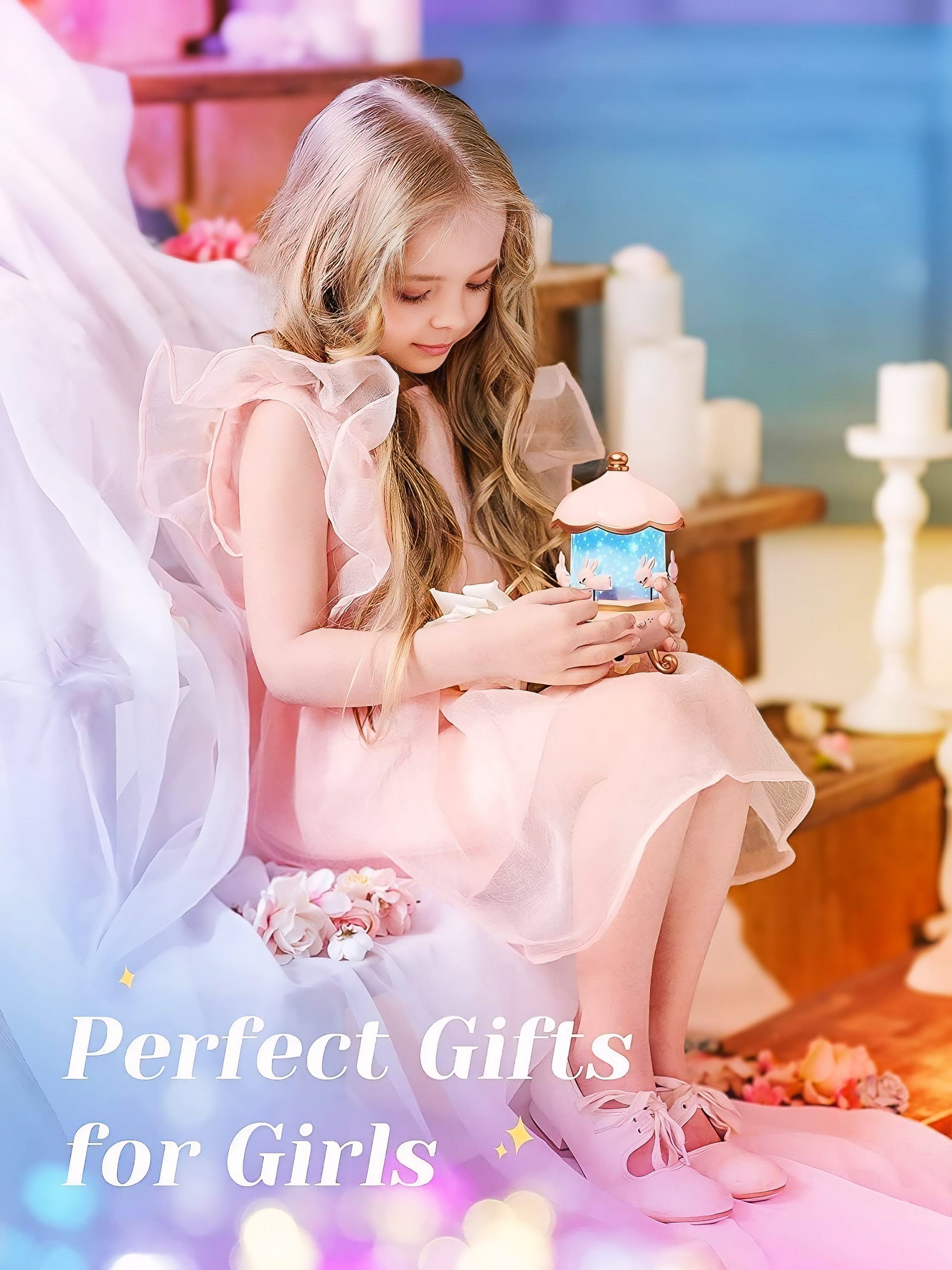 Young girl in a pink dress holding a toy with 'Perfect Gifts for Girls' text.