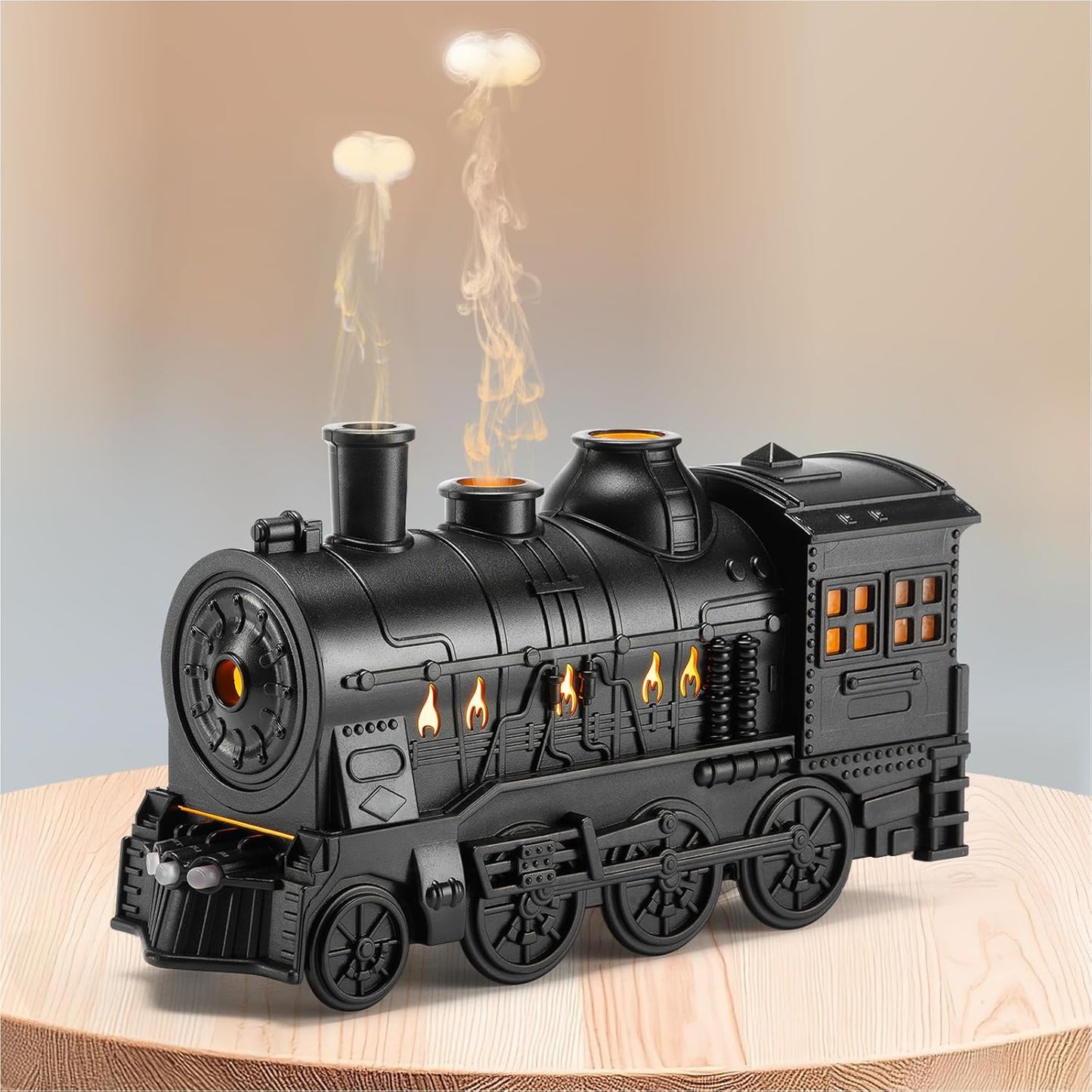 Black toy train with smoke effect on a wooden surface