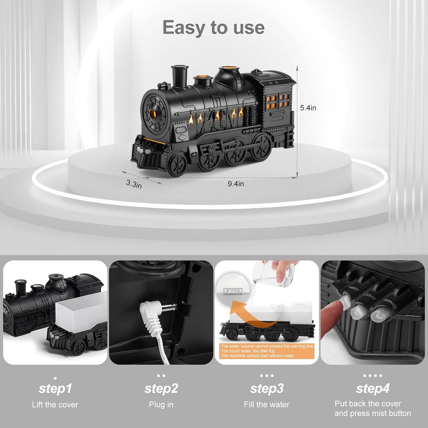 Black toy train with measurement details and usage instructions on a white background