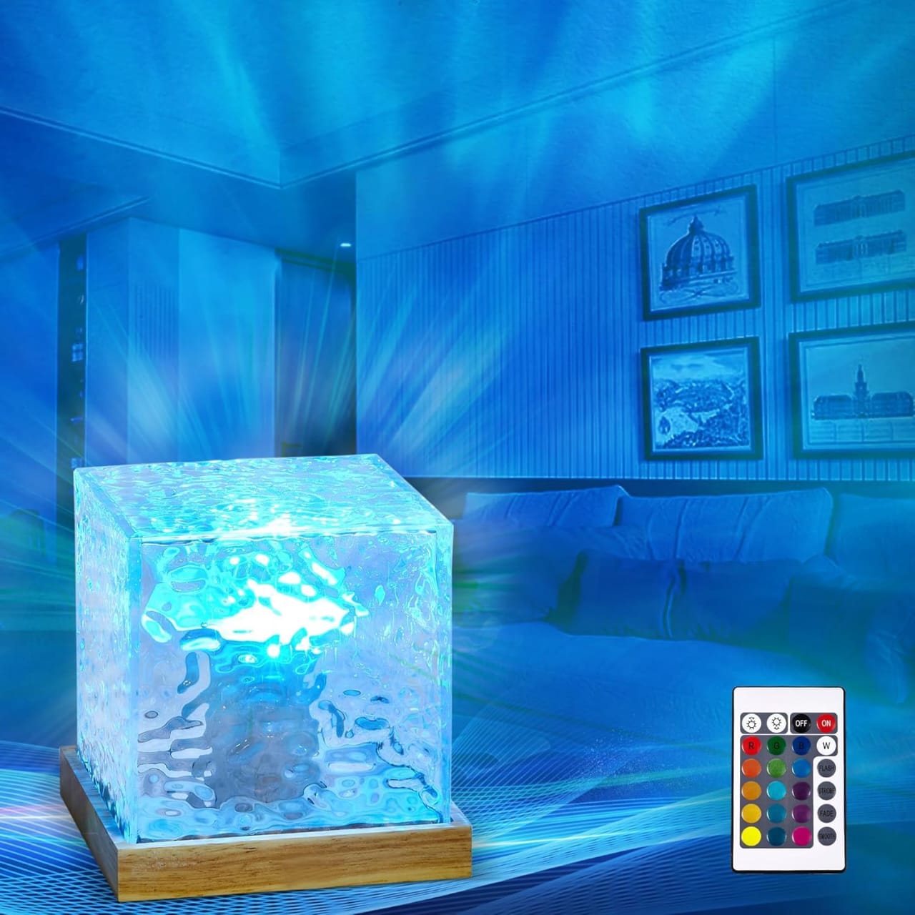 Decorative light cube with remote control in a room setting