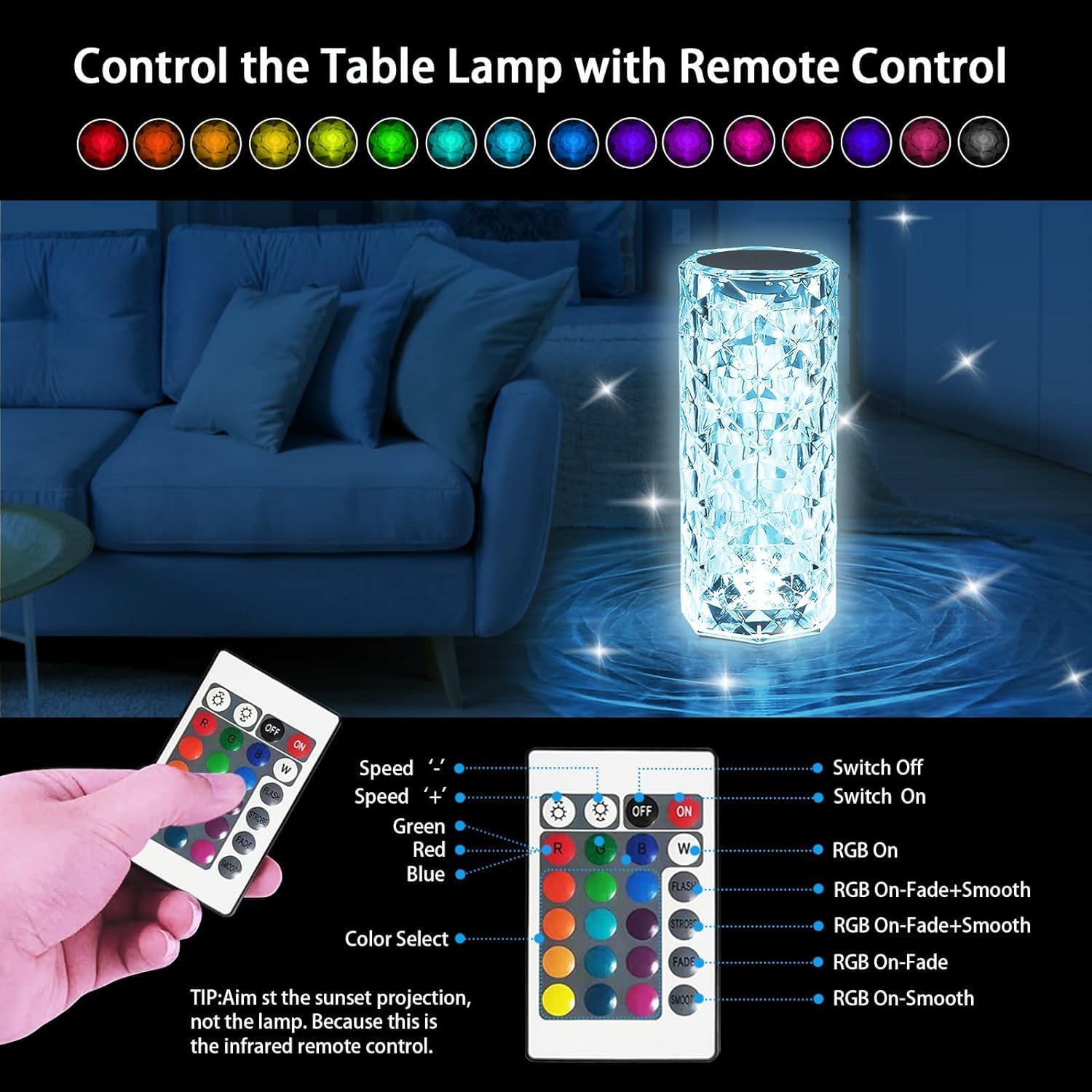 Touch control crystal lamp with remote on bedside table