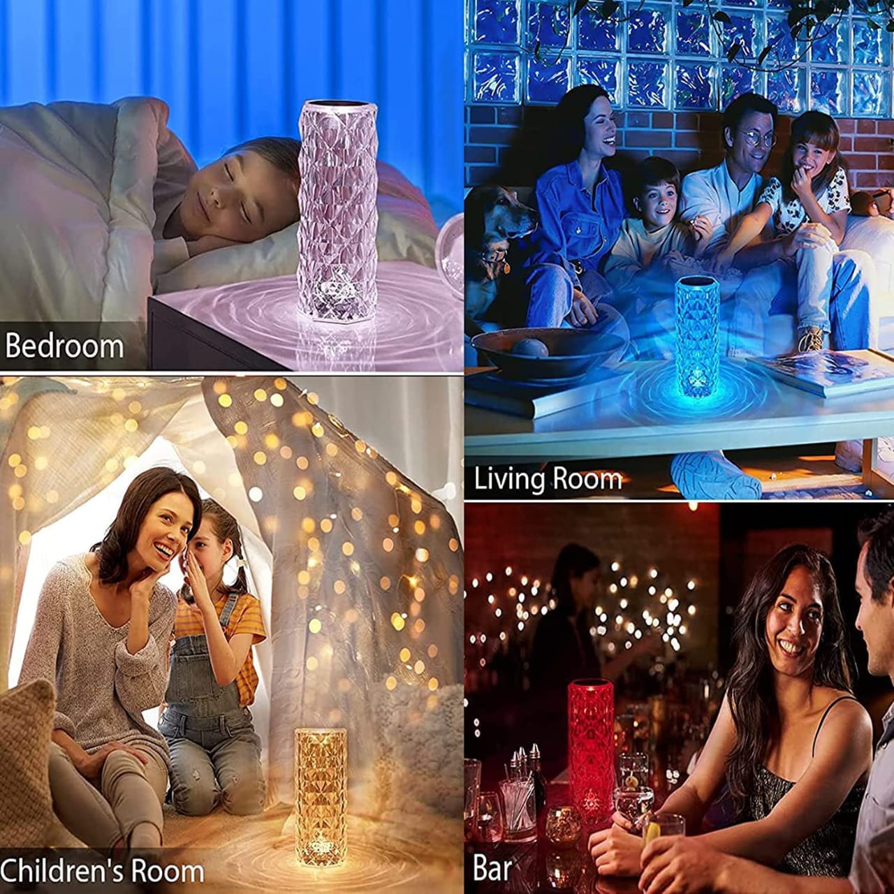 Collage of a glowing cylindrical light in various settings including bedroom, living room, children's room, and bar.